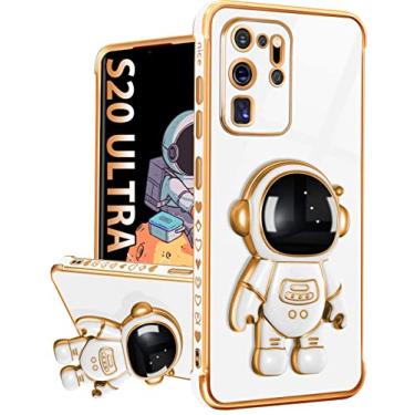 Imagem de Buleens Capa para Samsung Galaxy S20 Ultra com suporte de astronauta, capas femininas para Galaxy S20 Ultra, capa de telefone feminina fofa 6D com padrão de coração do espaço sideral para S20 Ultra 6,9 polegadas branca