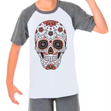 Imagem de Camiseta Raglan Caveira Mexicana Skull Cinza Branco Inf03 - Design Cam