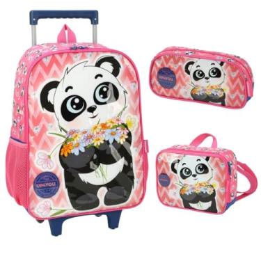 Imagem de Mochila Infantil Rodinhas Up4you Panda com Lancheira e Estojo Rosa