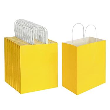 Imagem de Oikss Pacote com 100 sacos de presente de papel médio 20 x 10 cm com alças em massa, sacos Kraft para lembrancinhas de festa de aniversário, compras, compras, negócios, goody artesanato, sacolinhas (médio, amarelo)