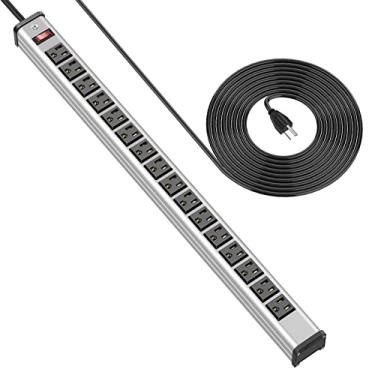 Imagem de BTU Protetor contra sobretensão de tira de energia de 16 tomadas, tomada múltipla tomada de energia resistente com cabo de extensão de 3,8 m e disjuntor, para oficina e industrial, certificado ETL, prata