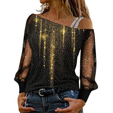 Imagem de Aniywn Camiseta feminina de manga comprida com ombro de fora e lantejoulas de malha com glitter, blusa de festa, clube, blusa Y2K, A11 - ouro, G