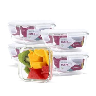Imagem de Kit 5 Potes Vidro Hermético Quadrado Trava 320ml Marmita (Branco)