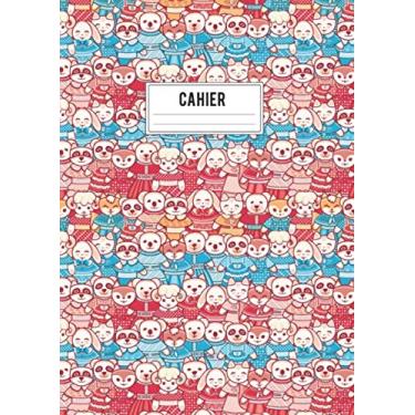 Imagem de Cahier: Grand format A4-120 pages lignées - Motif de couleur rouge, blanc et noir figurant d'adorable dessins de pandas, chats et personnes.
