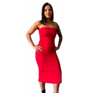 Imagem de Vestido Sem Alça Midi Tubinho Fenda Lateral Canelado Feminino Modelado
