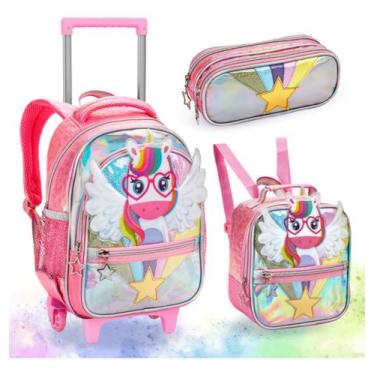 Imagem de Kit mochila escolar + lancheira + estojo unicórnio - Denlex