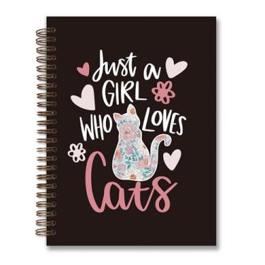 Imagem de foedor Caderno espiral Just A Girl Who Loves Cats, caderno de gato para meninas, caderno floral pautado universitário para trabalho, escrita, diário, capa dura, caderno espiral para escritórios,