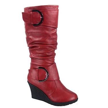 Imagem de Bota feminina TOP Moda Pure-65 bico redondo despojado fivela anabela cano médio, Vermelho, 6.5