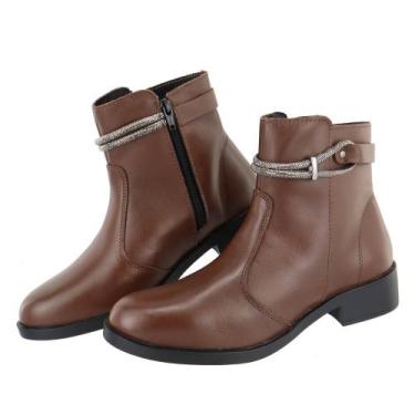 Imagem de Bota Feminina Cano Curto Botina Couro Natural Com Strass - Bella Rosa,