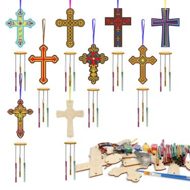 Imagem de Fennoral Kit de 9 Sinos de Vento Cruzados para Crianças, Faça Você Mesmo, Artesanato de Escola Dominical para Meninos E Meninas, Faça Você Mesmo, Artesanato Cristão de Madeira para Decoração de Festa