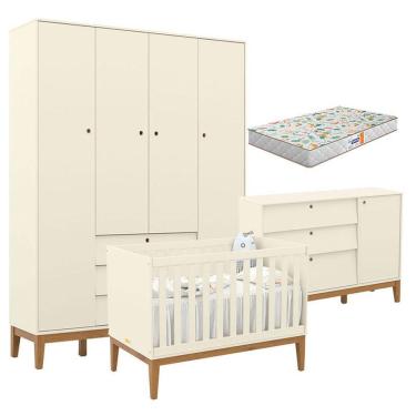 Imagem de Quarto De Bebe Unique 4 Portas Com Cômoda Sapateira Off White Eco Wood E Colchão Gazin - Matic
