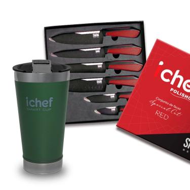 Imagem de Conjunto De 6 Facas Special Cut Vermelha E Copo Térmico Com Tampa Smart Cup 600ml Ichef | Copo Verde
