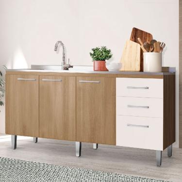 Imagem de Balcão Pia Cozinha Mel E Off White 160cm Maisa 3 Portas 3 Gavetas Sem Tampo