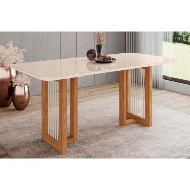 Imagem de Mesa Para Cozinha Yara Sc81 Com Tampo Madeirado Com Vidro Curvo 180x90cm Nature Off White Henn