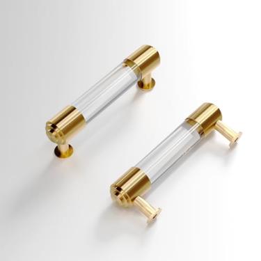 Imagem de KOXHERO Puxadores modernos de latão e acrílico para armário de cozinha com orifício central de 7,6 cm, pacote com 4, elegante puxador de gaveta dourado charmoso para armário armário guarda-roupa