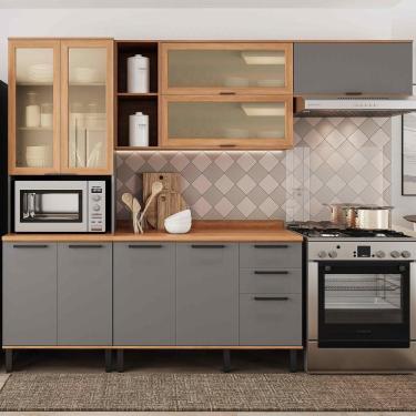 Imagem de Armário De Cozinha Castanha 2700mm Paneleiro E Balcão C/ Vidro - Cinza/freijó