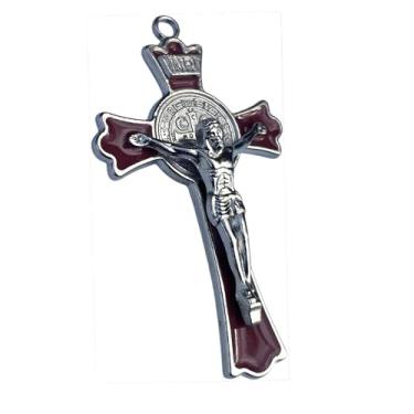 Imagem de Crucifixo de São Bento Premium de 7,6 cm – Cruz de esmalte marrom com medalha prateada – Proteção Espiritual Católica e Presente de Bênção – Carro, Cordão, Pendurado