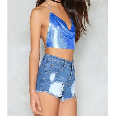 Imagem de Cropped Top Blusa Luxo Frente Única Metal Brilhoso Alça Fina - Modas F