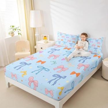 Imagem de Jogo de cama solteiro fofo com laço, colorido, kawaii, para decoração de quarto de adolescentes, estilo princesa, microfibra macia, geométrico, bolinhas, lençol com elástico, 2 peças, sem lençol de