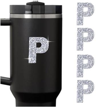 Imagem de LUHOHI 4 peças de adesivos de letra inicial de strass brilhante, alfabeto grande com glitter personalizado, nome do monograma, decalques brilhantes para garrafas Stanley Cup, boné de formatura