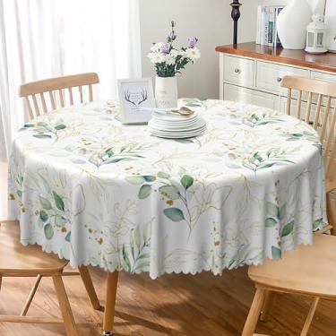 Imagem de Laeacco Toalha de mesa redonda com folhas de primavera de 122 cm, botânica, verde e dourada, toalha de mesa, lavável, impermeável, sem vincos, para cozinha, jantar, piquenique, festa, pátio, quintal