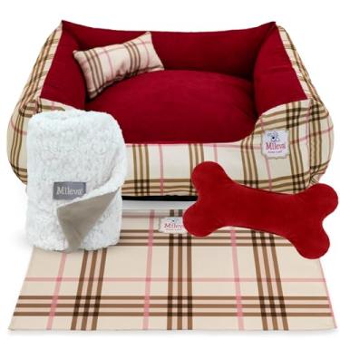 Imagem de Cama Pet Camurça + Coberdrom + Brinquedo Ossinho + Tapetinho Estampado 05 Peças -Classic– Premium 2 (60x60 cm, Burberry)