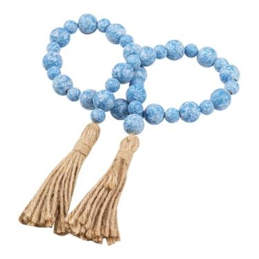 Imagem de GSHLLO Guirlanda de contas de madeira de fazenda de 80 cm com borlas boho guirlanda de contas para pendurar na parede rústica contas bandeja em camadas vintage centro de mesa decoração azul claro e