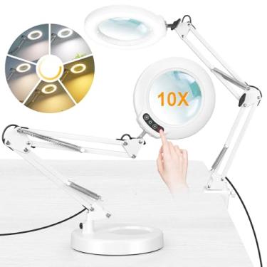 Imagem de IVMAIE Lupa de 10 x com luz e suporte, lupa iluminada 2 em 1 com grampo, 5 modos de cores, lâmpada de mesa de LED regulável contínua, mãos livres para pintura, artesanato, joias, costura, trabalho