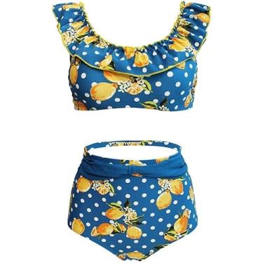 Imagem de Roupa De Banho Feminina 2 Peças Maiô, Senhora 2 Peças Tropical Limão Pontos Estampas Roupa De Banho Cintura Alta Duas Peças Biquíni Maiô Roupa De Banho Verão Natação Traje D, Blue, XXL