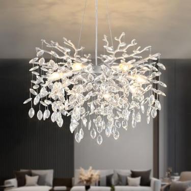 Imagem de EGM Lustres de cristal modernos de 61 cm para sala de estar, lustres de cristal prateado para sala de jantar, lustre de folha de gota de chuva moderno de 8 luzes para quarto, quarto de bebê, E12