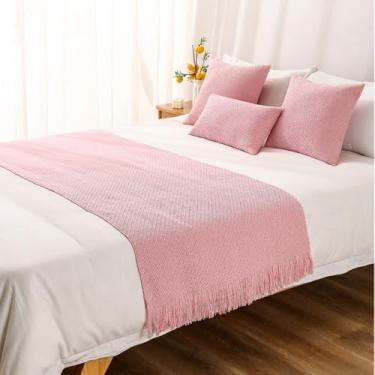 Imagem de JONKMY Colchas de caminho de cama moderno e simples cobertor de sofá luxuoso hotel cama corredores cachecol com borla macio sem desbotamento roupa de cama para decoração de cama de hotel e casa - rosa