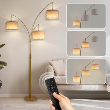 Imagem de Fansdrick Candeeiros de chão dourados para sala de estar, luminária de chão de arco super brilhante com controle remoto, 3 lâmpadas de piso altas com regulação contínua, luminária de chão de árvore de