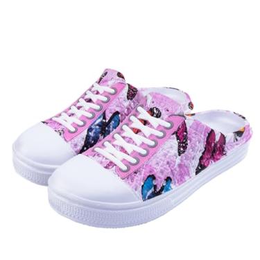 Imagem de TANTANC Pantufas femininas para jardim, com orifício de malha, respirável, verão, para uso interno/externo, praia, chuveiro, calçados aquáticos, Borboleta rosa 1, 9 Women/8 Men