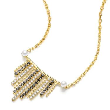 Imagem de ZHOU LIU FU Colar feminino com pingente de borla banhado a ouro 18K prata esterlina preto branco zircônia cúbica colar com pérola delicada colar de ouro namoradas mãe, Prata esterlina, Zircônia cúbica