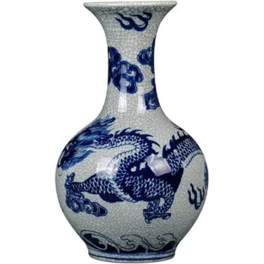 Imagem de AKALNNB Vaso de cerâmica tradicional chinês azul e branco para decoração de casa, vaso de flores secas de porcelana pintado à mão para sala de estar, quarto, jantar