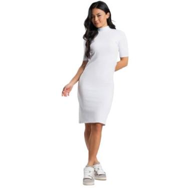 Imagem de Vestido Midi Manga Curta Vekyo Gola Alta Blogueira Canelado Moda Casua