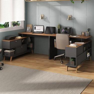 Imagem de Kit 2 Mesas para Escritório Escrivaninha em L Retrô 136x120cm Preto/no