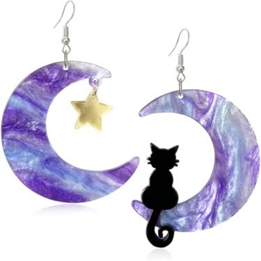 Imagem de Brinco feminino com pingente de lua azul e gato preto fofo brinco de gota de estrela roxa brincos pendentes de acrílico animal joia de Halloween, Large, Metal, Sem pedra preciosa