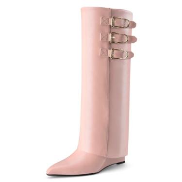 Imagem de Perisis Botas femininas dobráveis cano alto tubarão salto cunha fivelas de couro bico fino puxar botas longas, Poliuretano rosa claro, 40