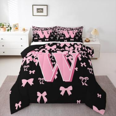 Imagem de jejeloiu Conjunto de edredom com laço fofo, solteiro, letra W, para crianças, meninos, meninas, preto, rosa, coquete, laço, edredom com monograma, 2 peças com 1 fronha