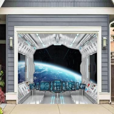 Imagem de DORCEV 2,1 x 2,4 m Interior de nave espacial decoração de porta de garagem estação espacial exterior cenários vigia fotografia futurista banner nave espacial cabine astronomia universo galáxia branco