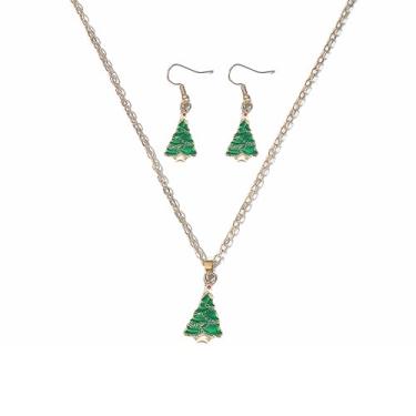 Imagem de Myrvynte Brincos pendentes de Natal para mulheres, colar com pingente de Natal, conjuntos de joias, árvores, sinos, presentes de Natal, decorações de Natal, joias fofas de Natal para mulheres (árvore)