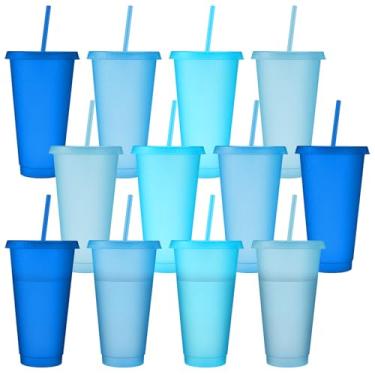 Imagem de Skylety 12 peças de copos de plástico com glitter azul com tampas e canudos 680 g copo reutilizável grande caneca de viagem café bebidas suprimentos de festa para Natal, casamento, noiva, chá de bebê