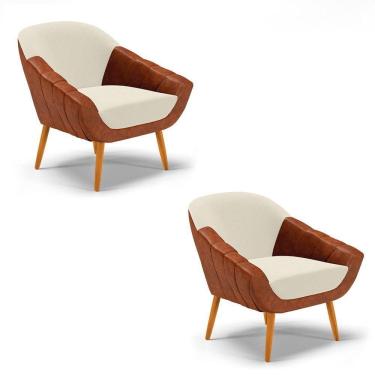 Imagem de Poltrona Sala De Estar Pé Palito Castanho Kit 2 Giovana Nozes/linho Bege D01 - D`rossi