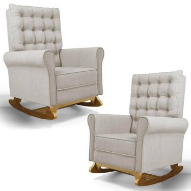 Imagem de Kit 02 Poltronas De Amamentação E Descanso Base Madeira Balanço Brenda G05 Linho Bege - Mpozenato