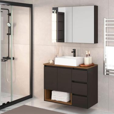 Imagem de Conjunto de Gabinete Suspenso com Cuba Vitória e Armário de Banheiro Aurora 4 Portas 3 Gavetas Mel e Grafite