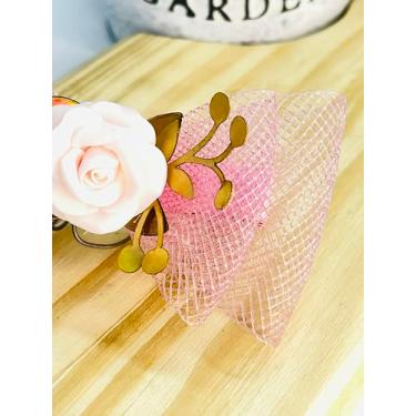 Imagem de Laço de Cabelo Rosa com Flor, Mesh com Rosa Decorativa e Folhas, Acessório Infantil para Meninas