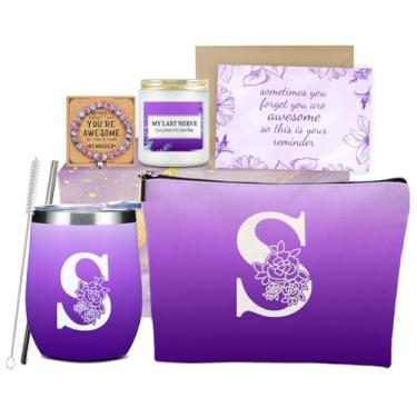 Imagem de Inicial S monograma presentes personalizados presentes de aniversário para mulheres mãe avó irmã dama de honra chefe esposa Natal amizade dia das mães casamento bolsa de maquiagem copo de vinho vela