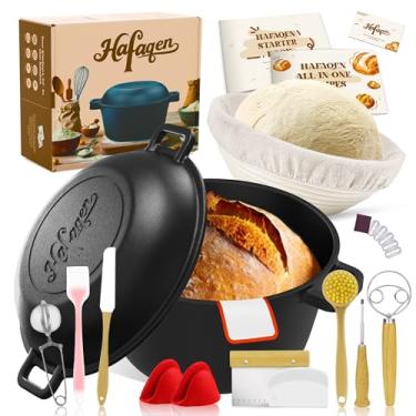 Imagem de Fornos holandeses de ferro fundido para assar pão de fermento, panela de forno holandês pré-temperada de 5 litros com tampa, conjunto de suprimentos para assar pão, panela multifuncional de ferro