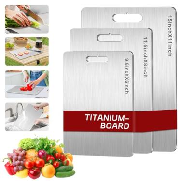 Imagem de Conjunto de 3 tábuas de corte de titânio, 3 tábuas de corte de titânio puro para cozinha, tábua de corte dupla face de aço inoxidável antiaderente para carne, frutas, vegetais (M+G+GG)